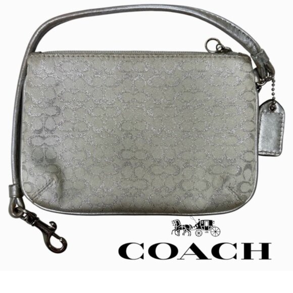 Coach Signature Jacquad Metallic (Silver) With Leather Trim Wristlet - Picture 1 of 9